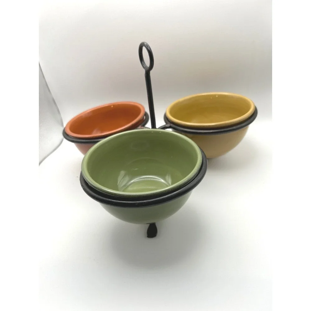 Tag Ceramic Dipping Bowl Set Metal Caddy Green Orange Yellow 3 Piece Set 7.25